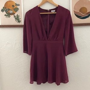 Cranberry / Wine 3/4 sleeved plunge fit & flare dress